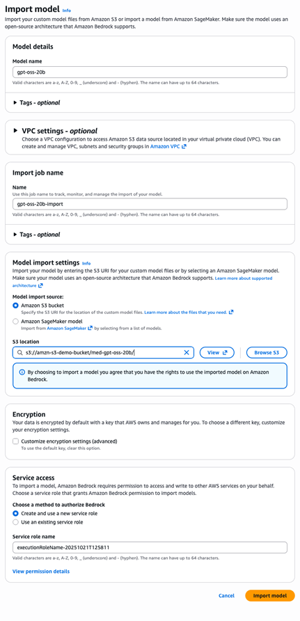 Formulário de importação de modelo no console do Amazon Bedrock